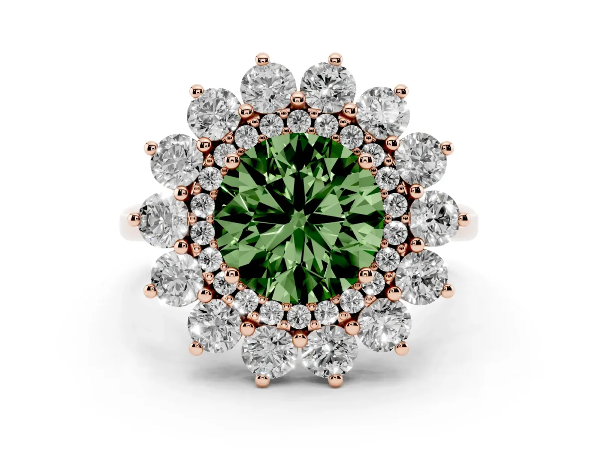 Fancy Green Round Cut Diamond Floral Double Halo Engagement Ring with Prong Setting Rose gold