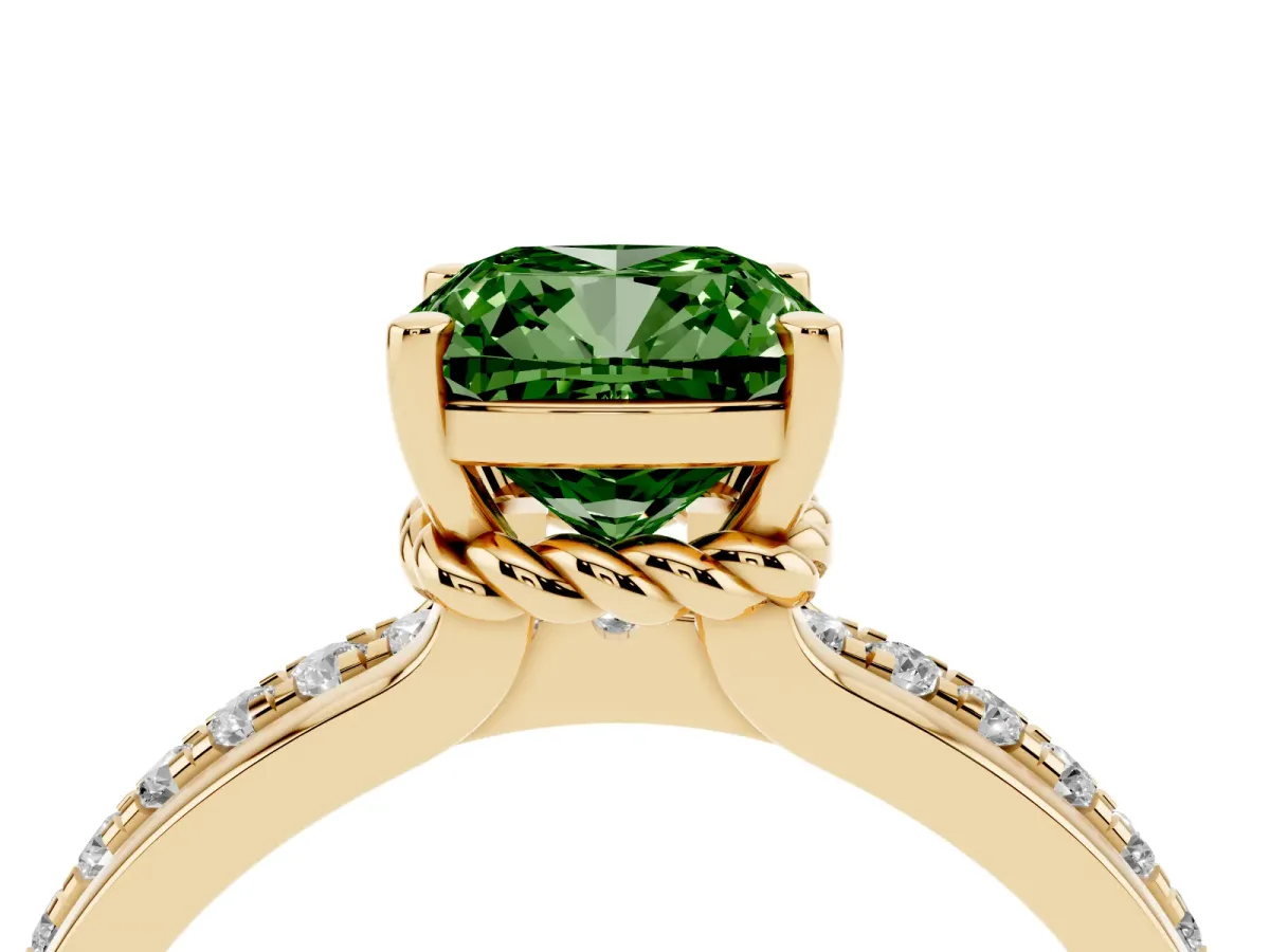 Fancy Green Cushion Cut Solitaire Diamond Ring with Channel Set Band and Six-Prong Setting Yellow gold