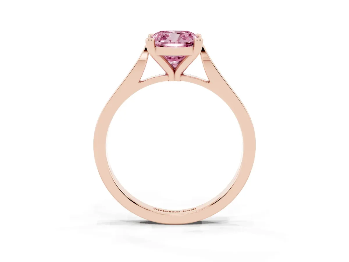 Fancy Pink Cushion Cut Solitaire Diamond Ring with Four-Prong Setting and Tapered Band Rose gold