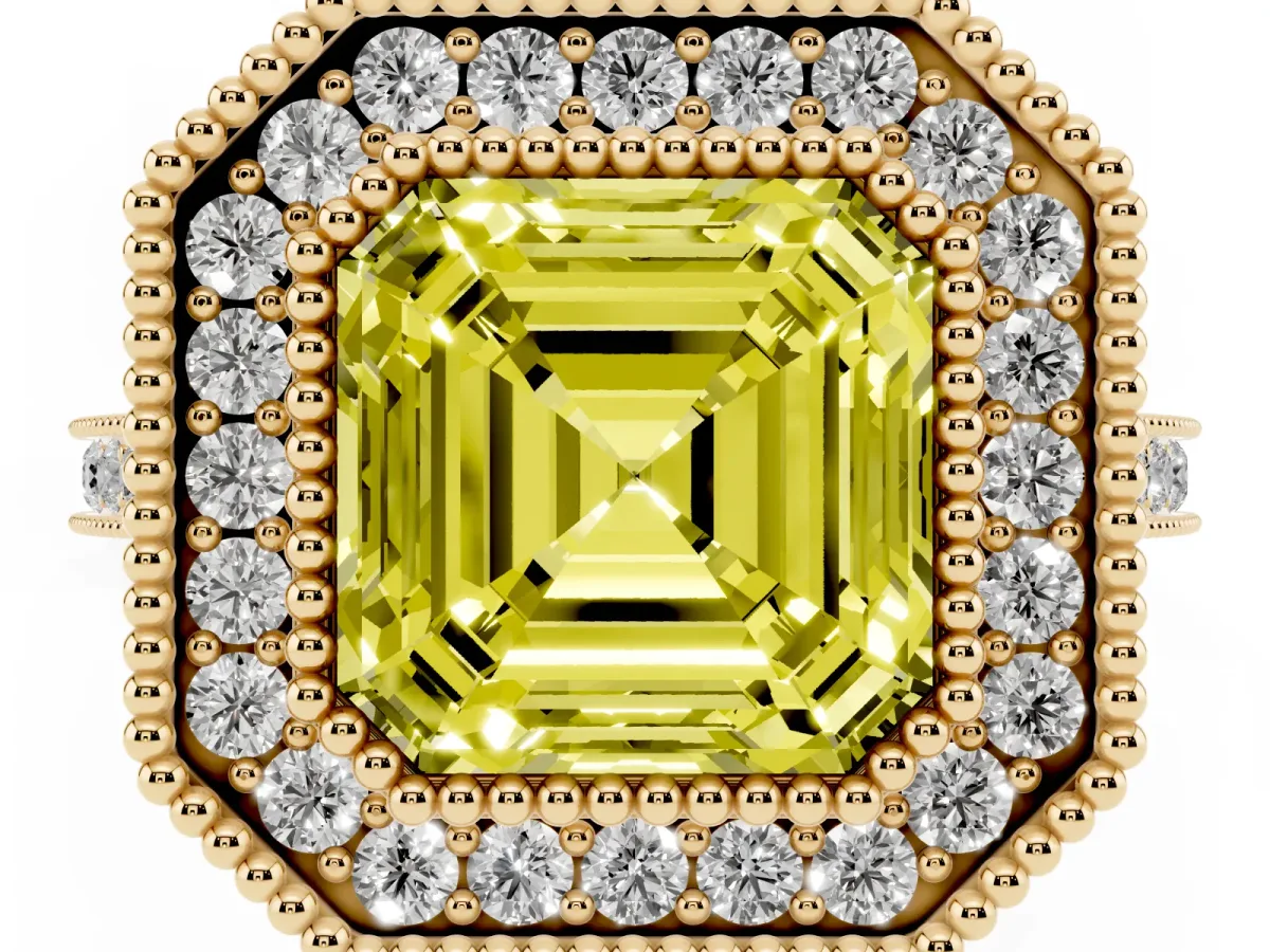 Fancy Yellow Asscher Cut Diamond Halo Ring with Milgrain Frame and Pavé Band Yellow gold