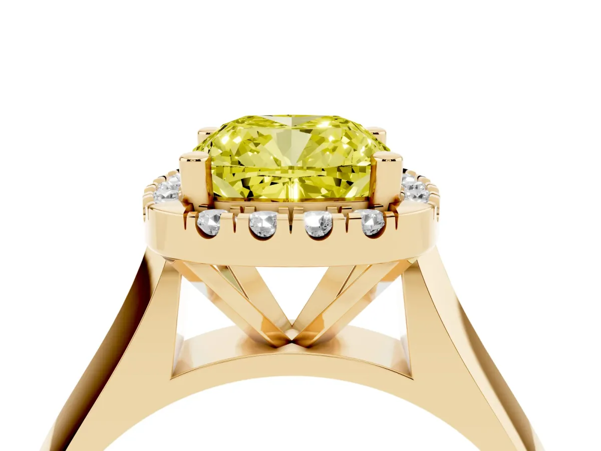 Fancy Yellow Cushion Cut Cut Halo Solitaire Engagement Ring with Square Band and Four-Prong Setting Yellow gold