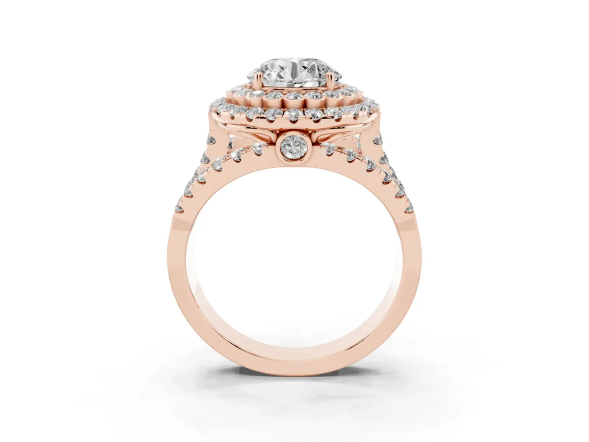 Round Cut Diamond Double Halo Ring with Round Pavé Split Shank and Prong Setting Rose gold