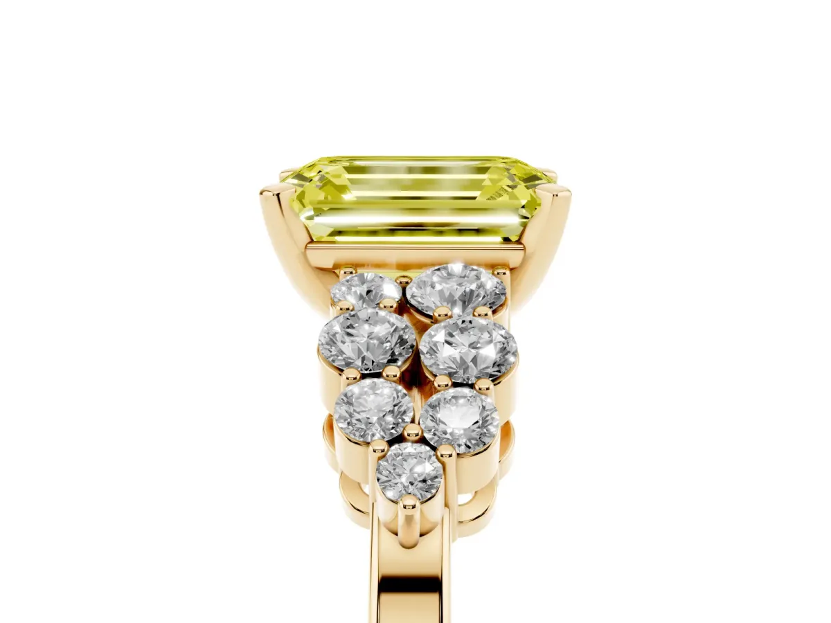 Fancy Yellow Emerald Cut Cluster Diamond Engagement Ring with Pavé Band and Four-Prong Setting Yellow gold