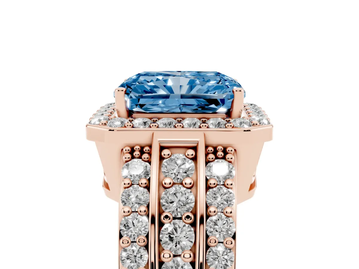Fancy Blue Radiant Cut Halo Diamond Ring with Round Split Shank and Prong Setting Rose gold
