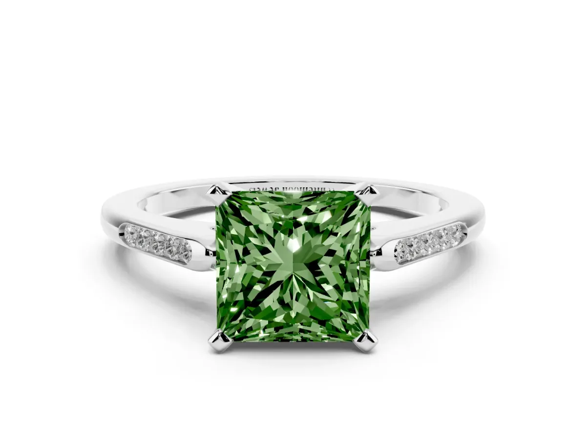 Fancy Green Princess Cut Diamond Solitaire Ring with Channel Set Round Band and Prong Setting Silver