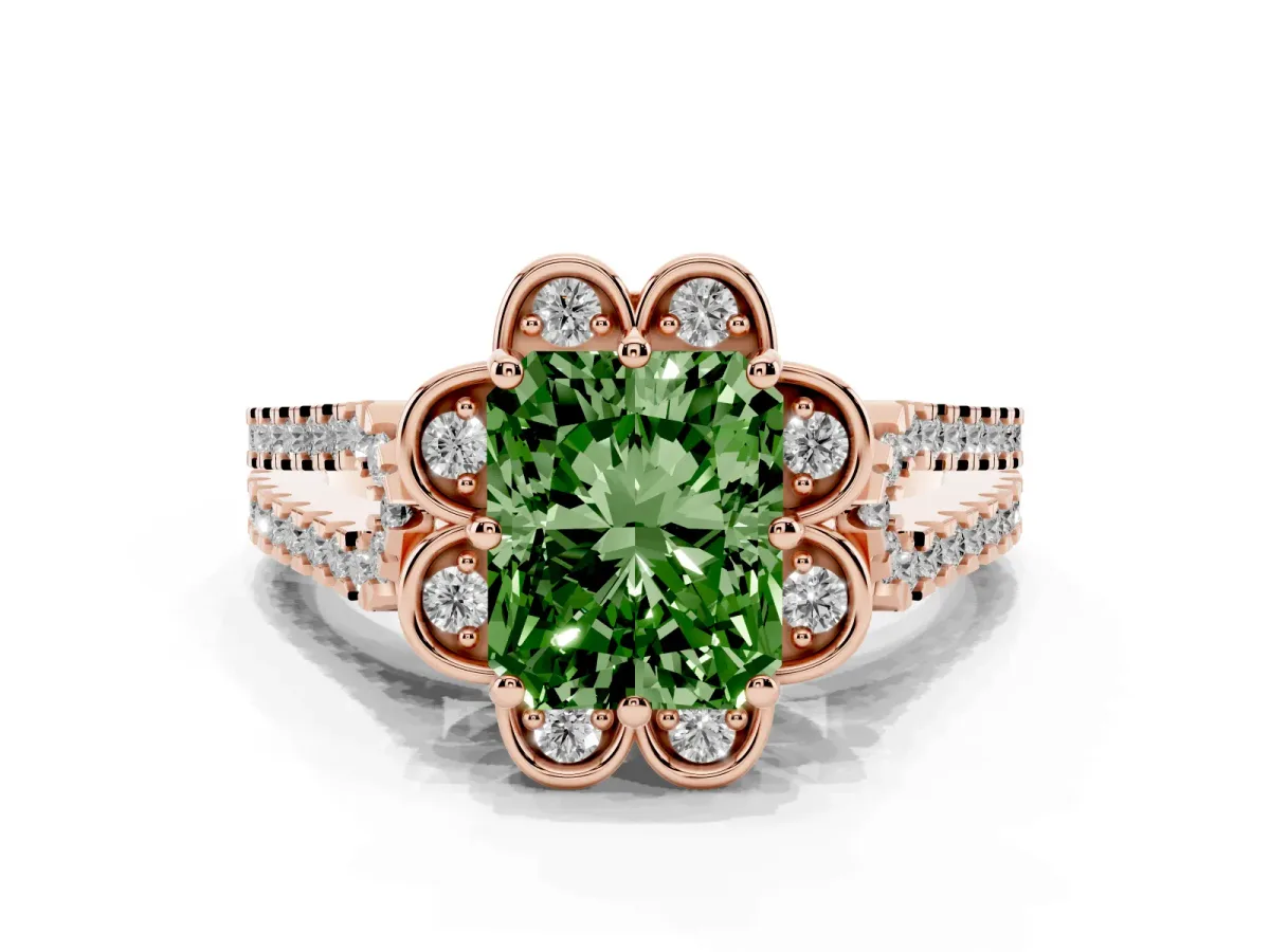 Fancy Green Radiant Cut Halo Diamond Floral Split Shank Engagement Ring Rose gold