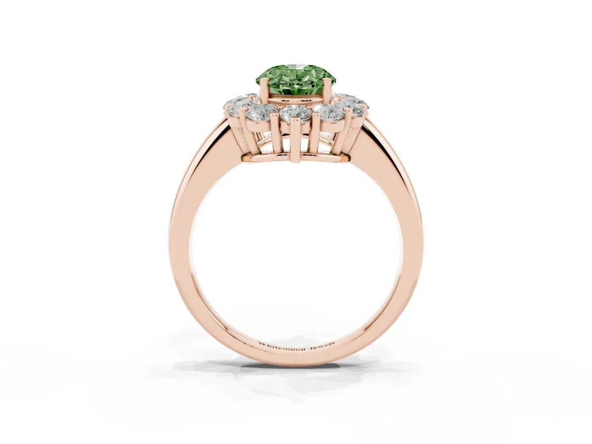 Fancy Green Oval Cut Halo Cluster Diamond Engagement Ring with Prong Setting and Polished Band Rose gold