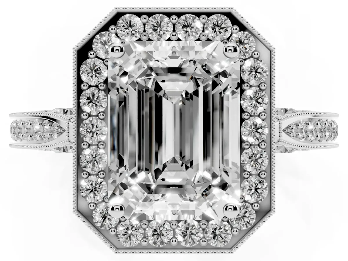 Emerald Cut Halo Diamond Engagement Ring with Split Shank Band and Four-Prong Setting Platinum
