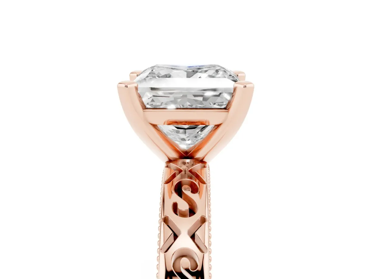 Princess Cut Solitaire Engagement Ring with Scrollwork Band and Four-Prong Setting Rose gold