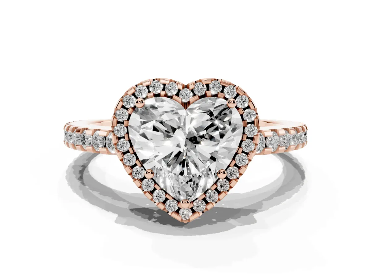Heart Cut Diamond Halo Engagement Ring with Pavé Band and Prong Setting Rose gold