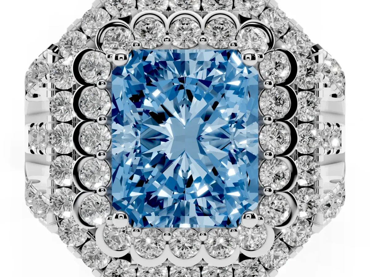 Fancy Blue Radiant Cut Diamond Double Halo Ring with Round Pavé Split Shank and Prong Setting Silver
