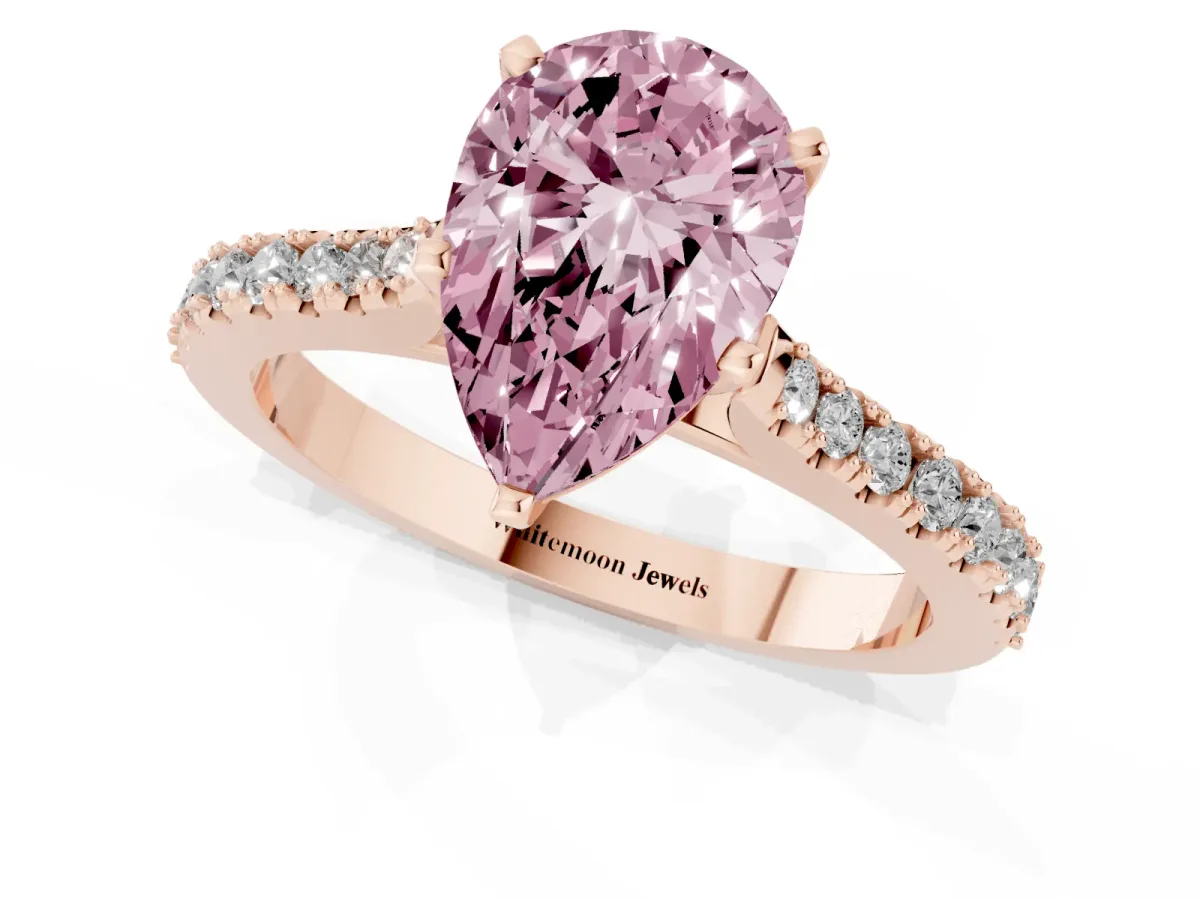 Fancy Pink Pear Cut Cut Solitaire Diamond Engagement Ring with Pave Band and Four-Prong Setting Rose gold