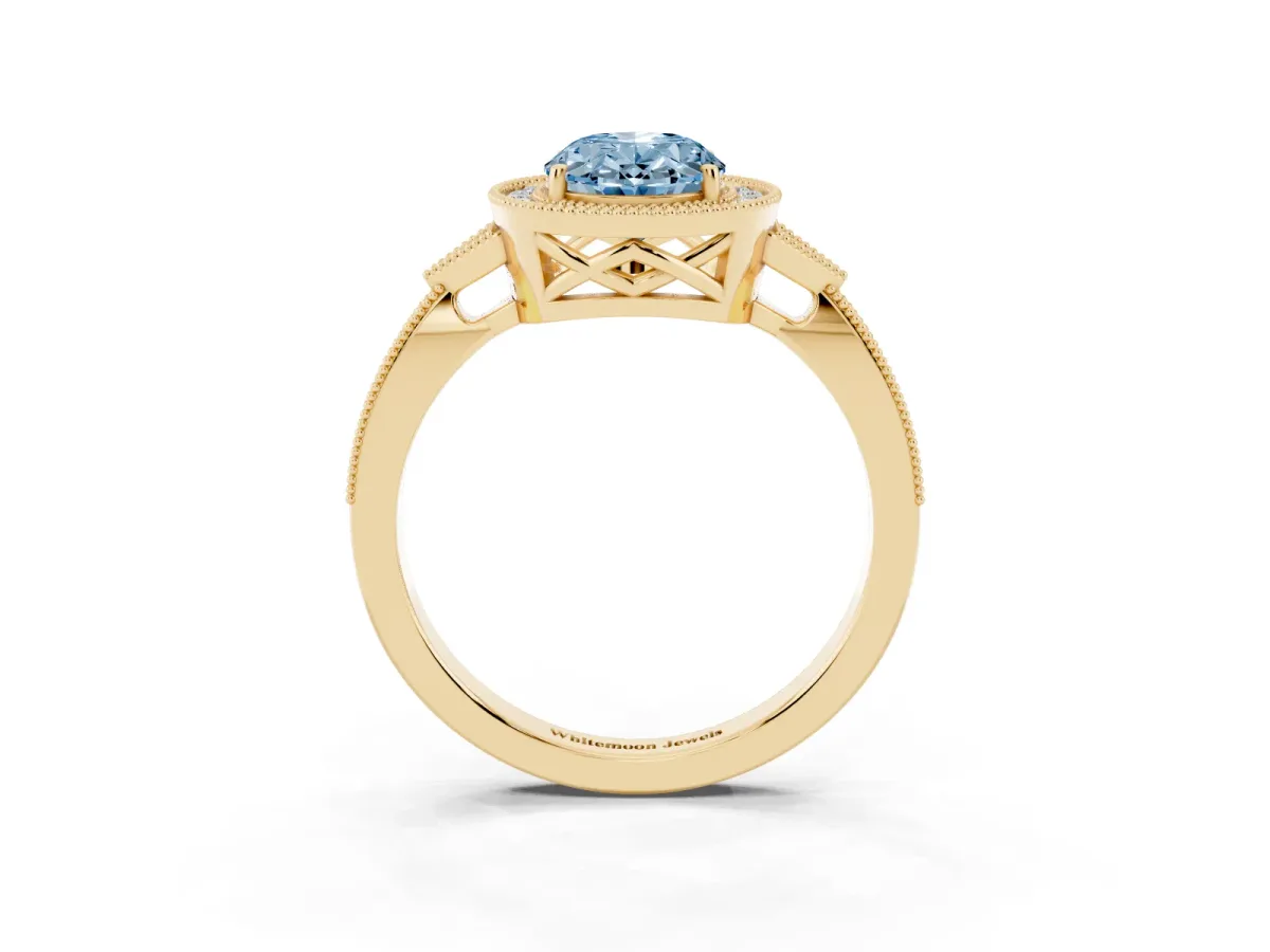 Fancy Blue Oval Cut Halo Round Diamond Milgrain Pave Engagement Ring Yellow gold
