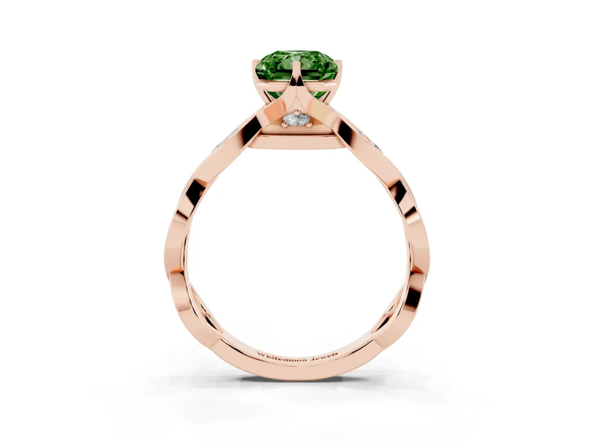 Fancy Green Radiant Cut Solitaire Twist Band with Leaf Prong Setting Rose gold