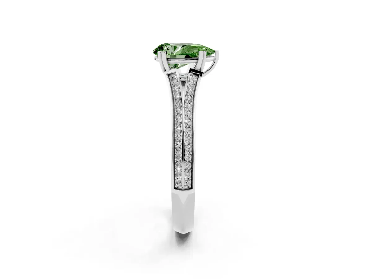 Fancy Green Pear Cut Diamond Split Shank Engagement Ring with Pavé Band Silver