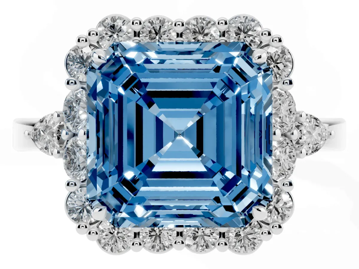 Fancy Blue Asscher Cut Diamond Halo Ring with Pear Side Stones and Prong Setting Silver
