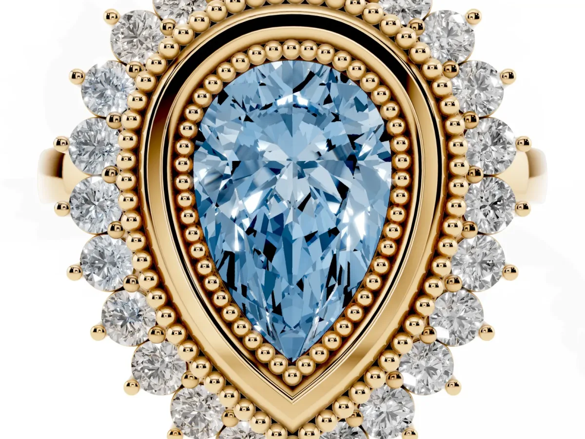 Fancy Blue Pear Cut Halo Diamond Ring with Milgrain Edge and Round Prong Setting Yellow gold