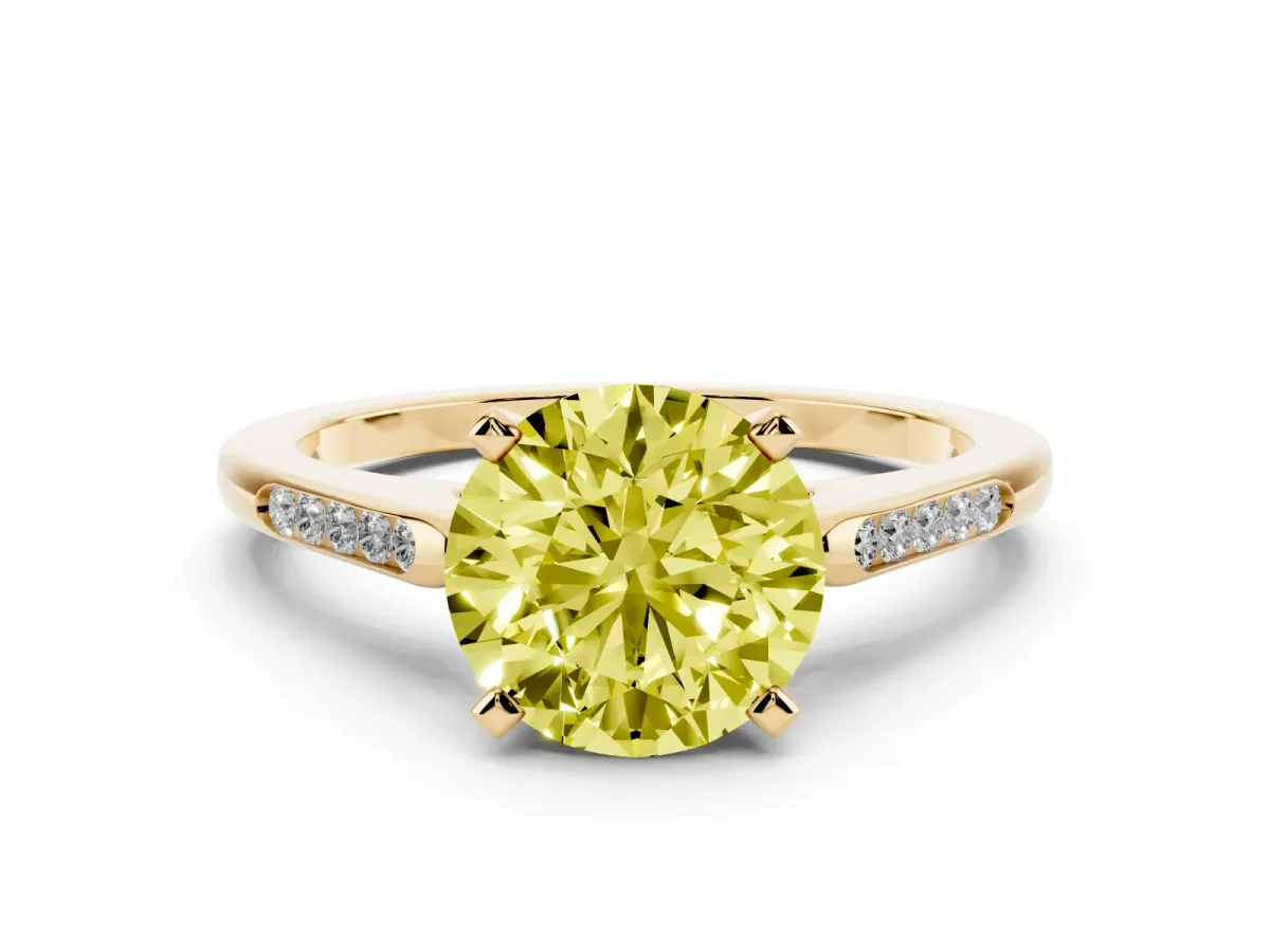 Fancy Yellow Round Cut Diamond Solitaire Ring with Channel Set Round Band and Prong Setting Yellow gold