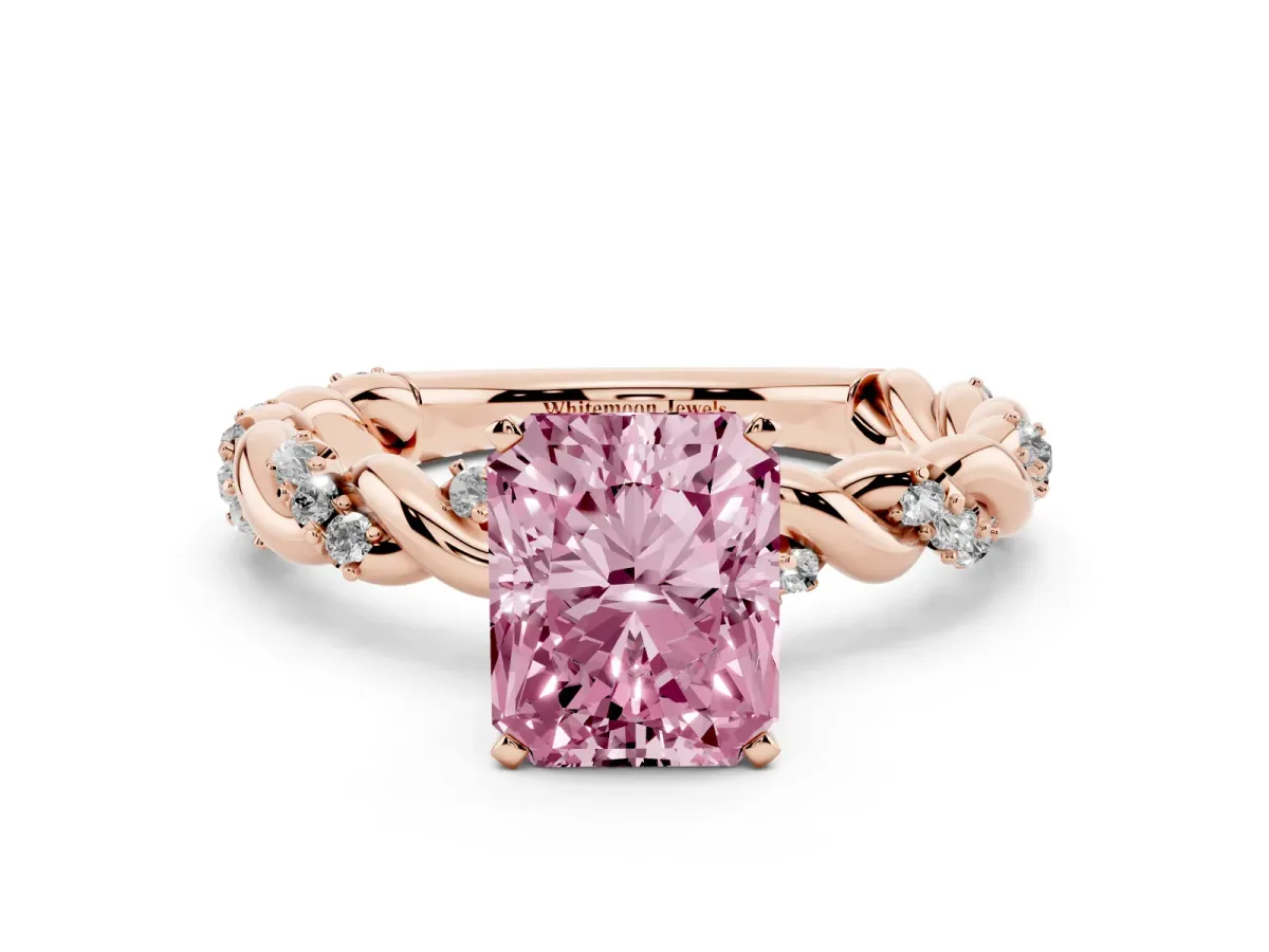 Fancy Pink Radiant Cut Diamond Solitaire Ring with Twisted Band and Pavé Accents Rose gold
