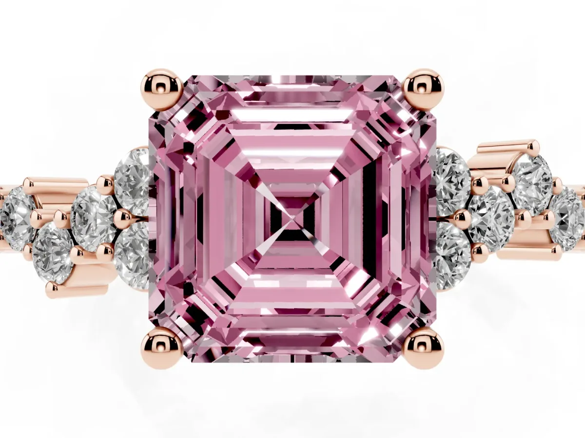 Fancy Pink Asscher Cut Diamond Scattered Round Accent Ring with Prong Setting Rose gold
