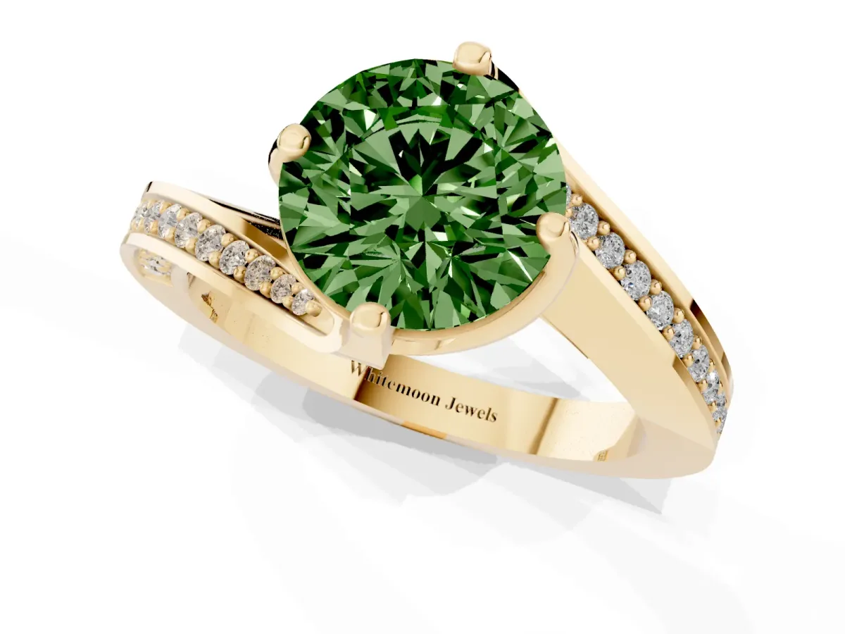 Fancy Green Round Cut Solitaire Diamond Twist Band with Pavé Setting and Four-Prong Setting Yellow gold