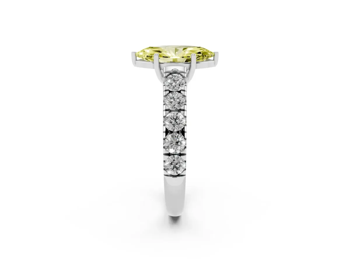 Fancy Yellow Marquise Cut Cut Diamond Solitaire Ring with Micro Pave Band and Prong Setting Silver