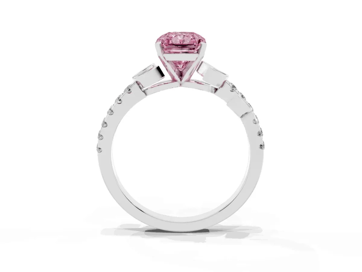 Fancy Pink Radiant Cut Solitaire Leaf-Inspired Diamond Ring with Pavé Band and Four-Prong Setting Silver