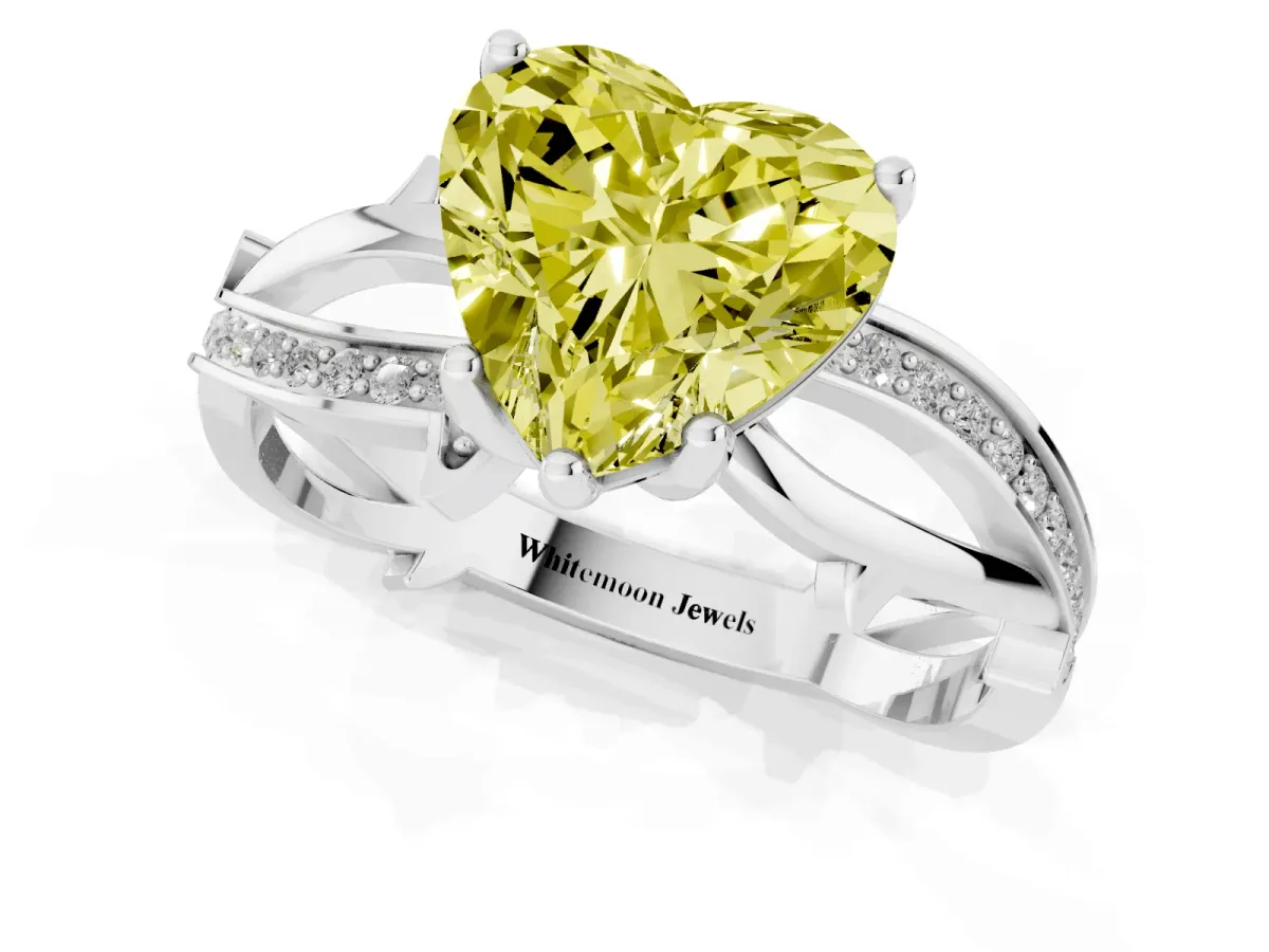 Fancy Yellow Heart Cut Solitaire Twist Band with Pavé Accents and Four-Prong Setting Silver
