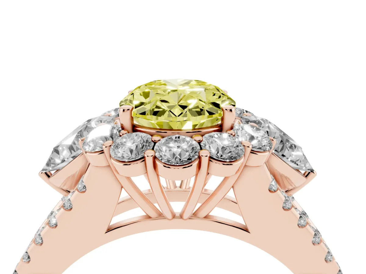 Fancy Yellow Oval Cut Halo Split Shank Diamond Engagement Ring with Prong Setting Rose gold