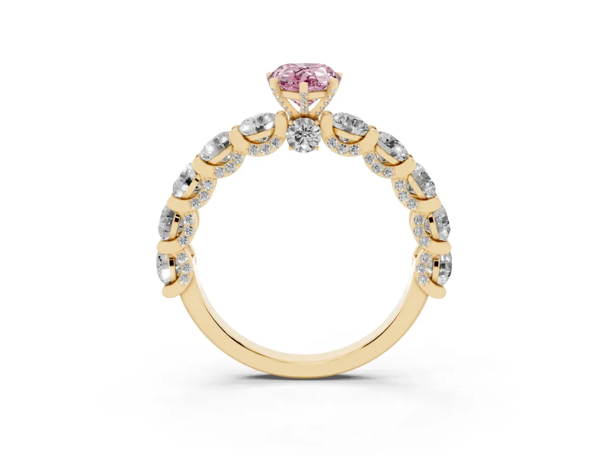 Fancy Pink Pear Cut Diamond Side Stone Engagement Ring with Four-Prong Setting Yellow gold
