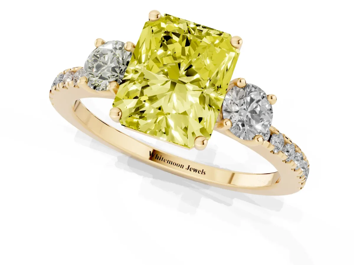 Fancy Yellow Three-Stone Radiant Cut Cut Diamond Pavé Band with Prong Setting Yellow gold