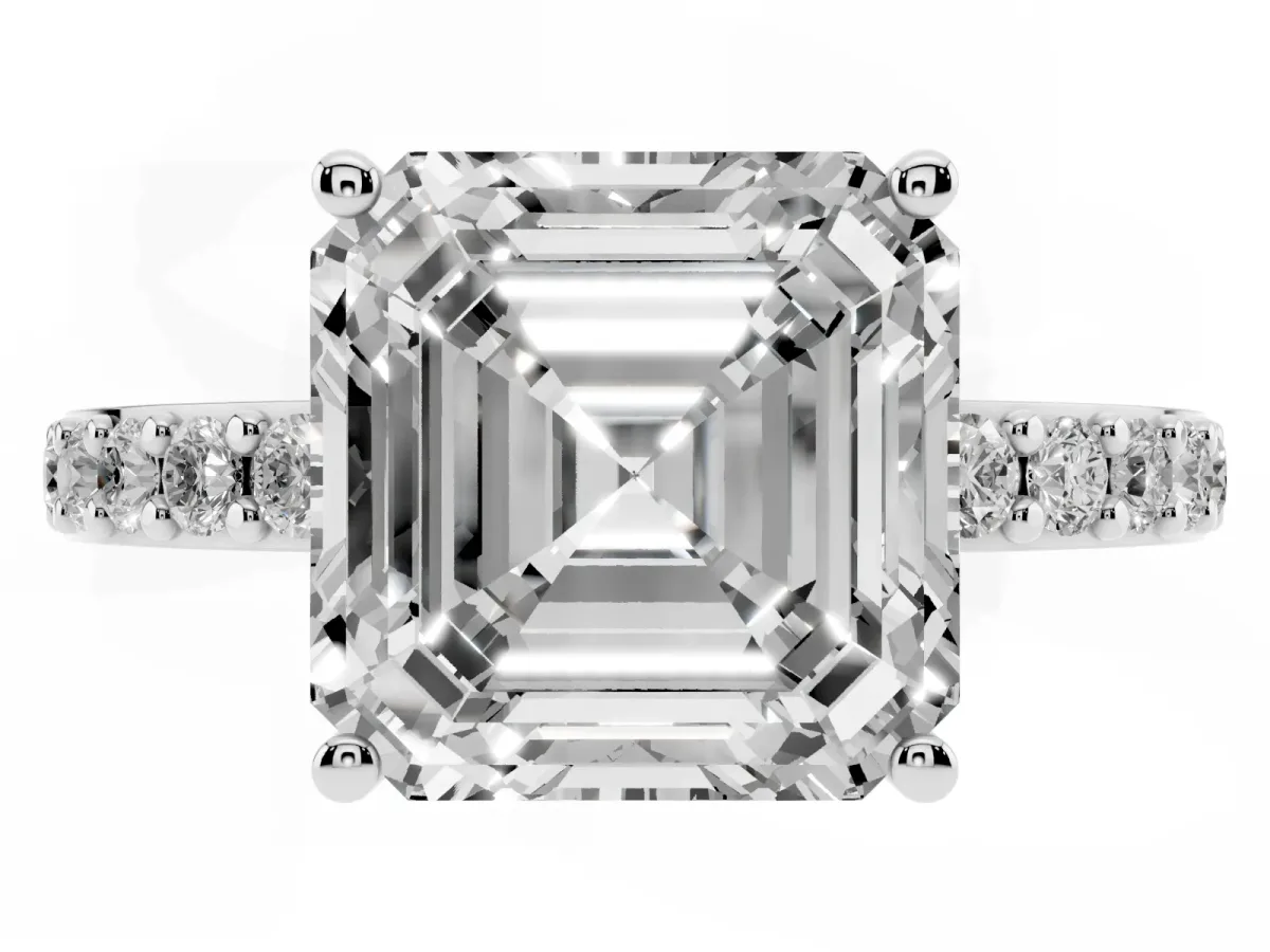 Asscher Cut Cut Diamond Solitaire with Pave Band and Four-Prong Setting Silver