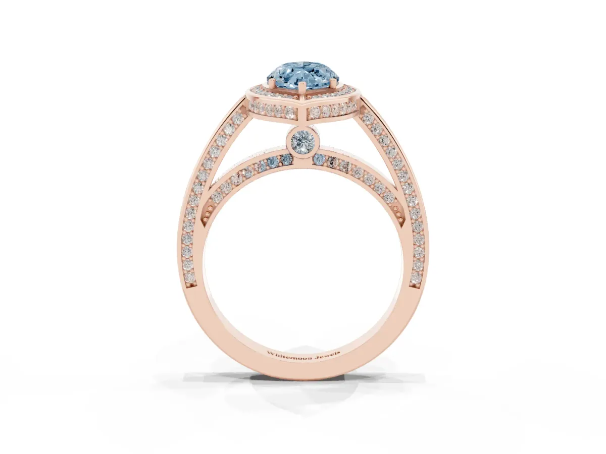Fancy Blue Marquise Cut Cut Halo Pave Split Shank Prong Setting Ring Rose gold