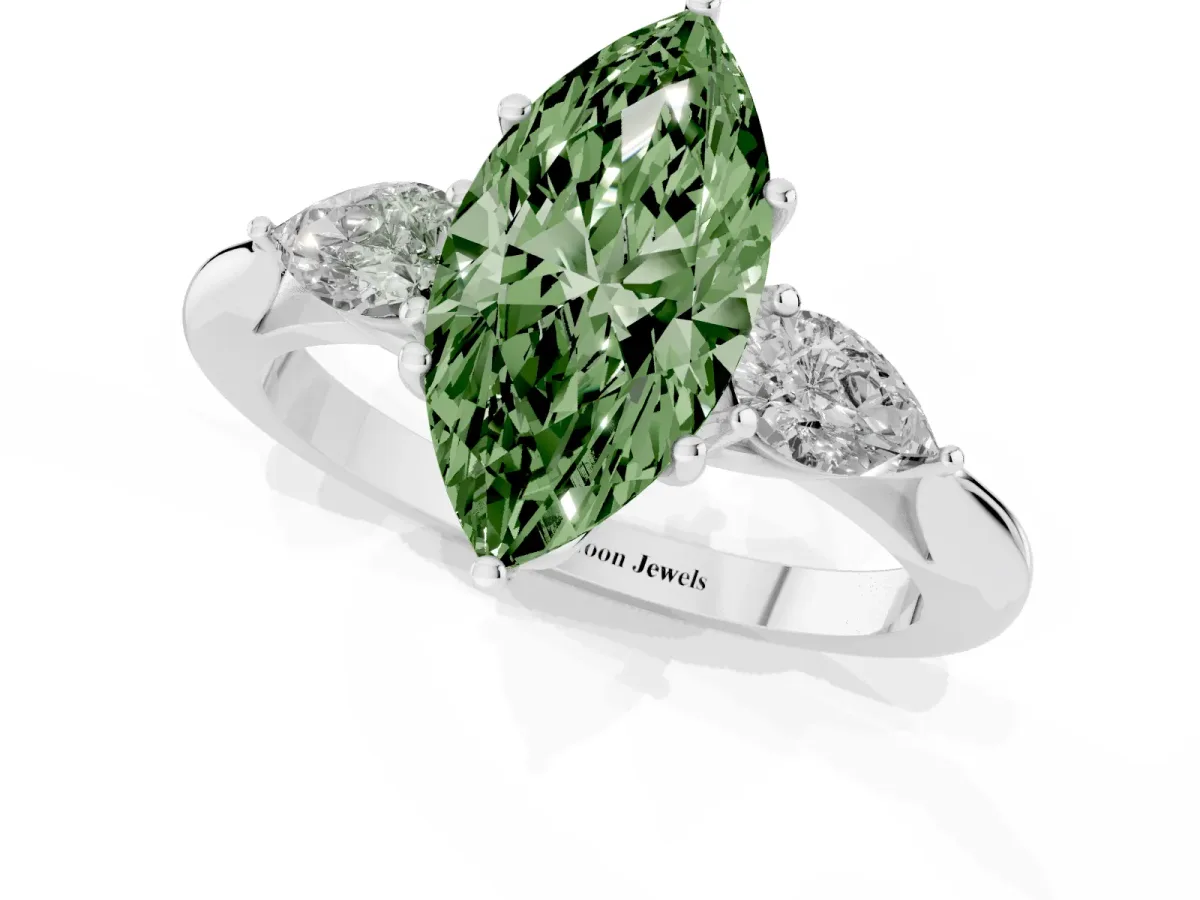 Fancy Green Marquise Cut Diamond Three-Stone Ring with Pear Side Stones and Prong Setting Silver