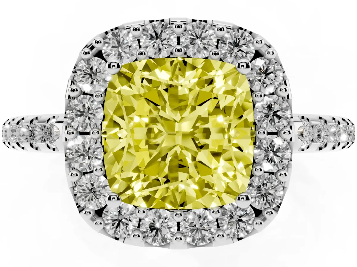 Fancy Yellow Cushion Cut Diamond Pavé Halo Ring with Four-Prong Setting Silver