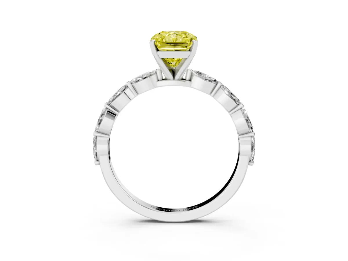 Fancy Yellow Radiant Cut Diamond Ring with Marquise Side Stones and Prong Setting Platinum
