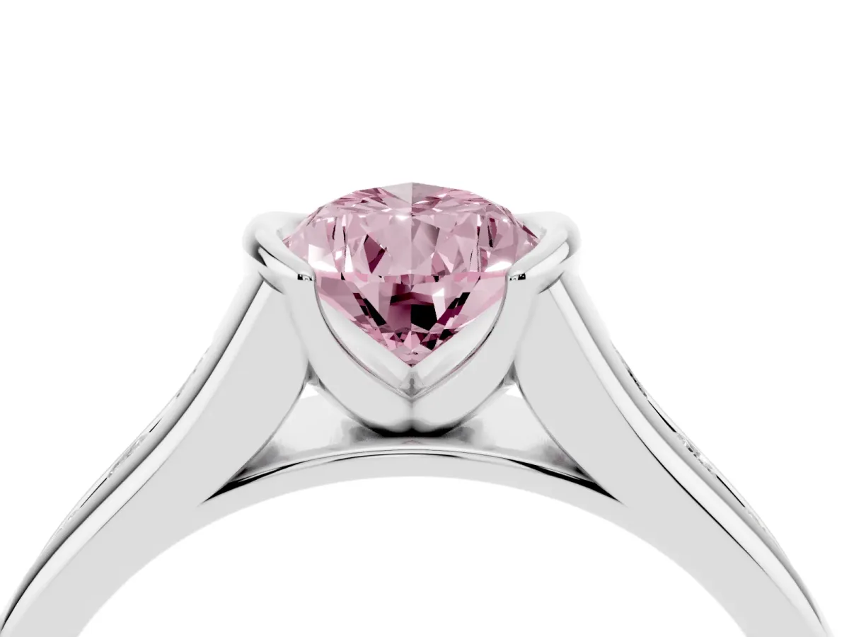 Fancy Pink Pear Cut Solitaire Bezel-Set Diamond Ring with Channel-Set Band Silver