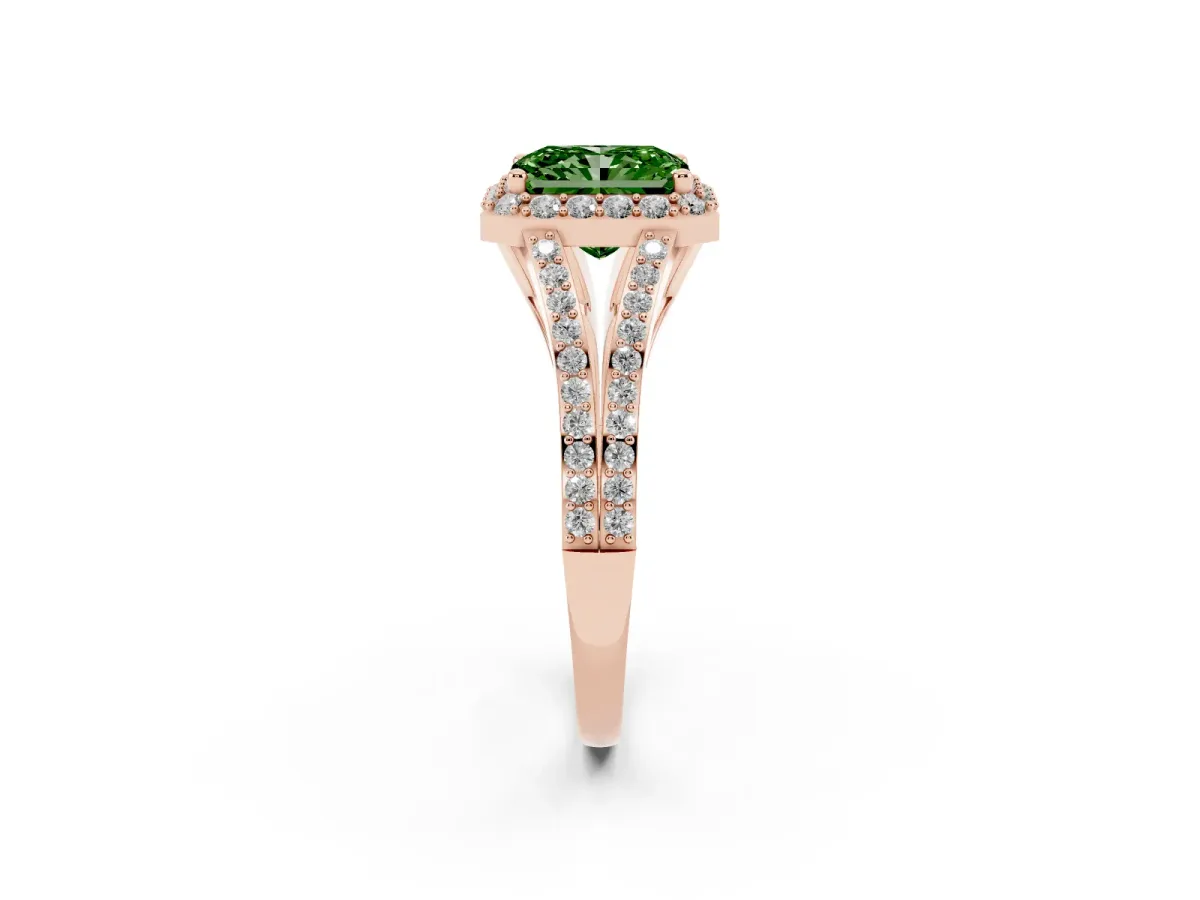 Fancy Green Radiant Cut Halo Split Shank Diamond Ring with Prong Setting Rose gold