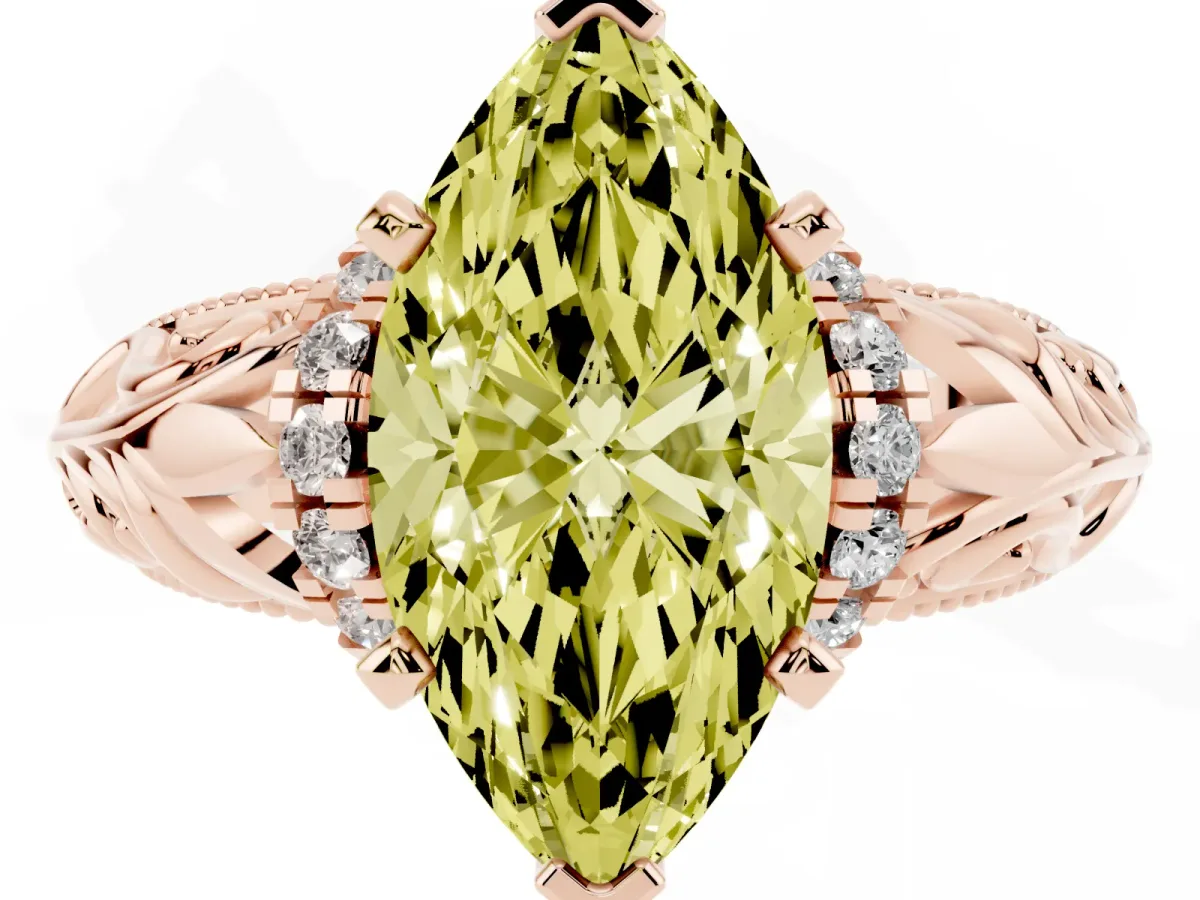 Fancy Yellow Marquise Cut Solitaire Filigree Engagement Ring with Halo and Prong Setting Rose gold