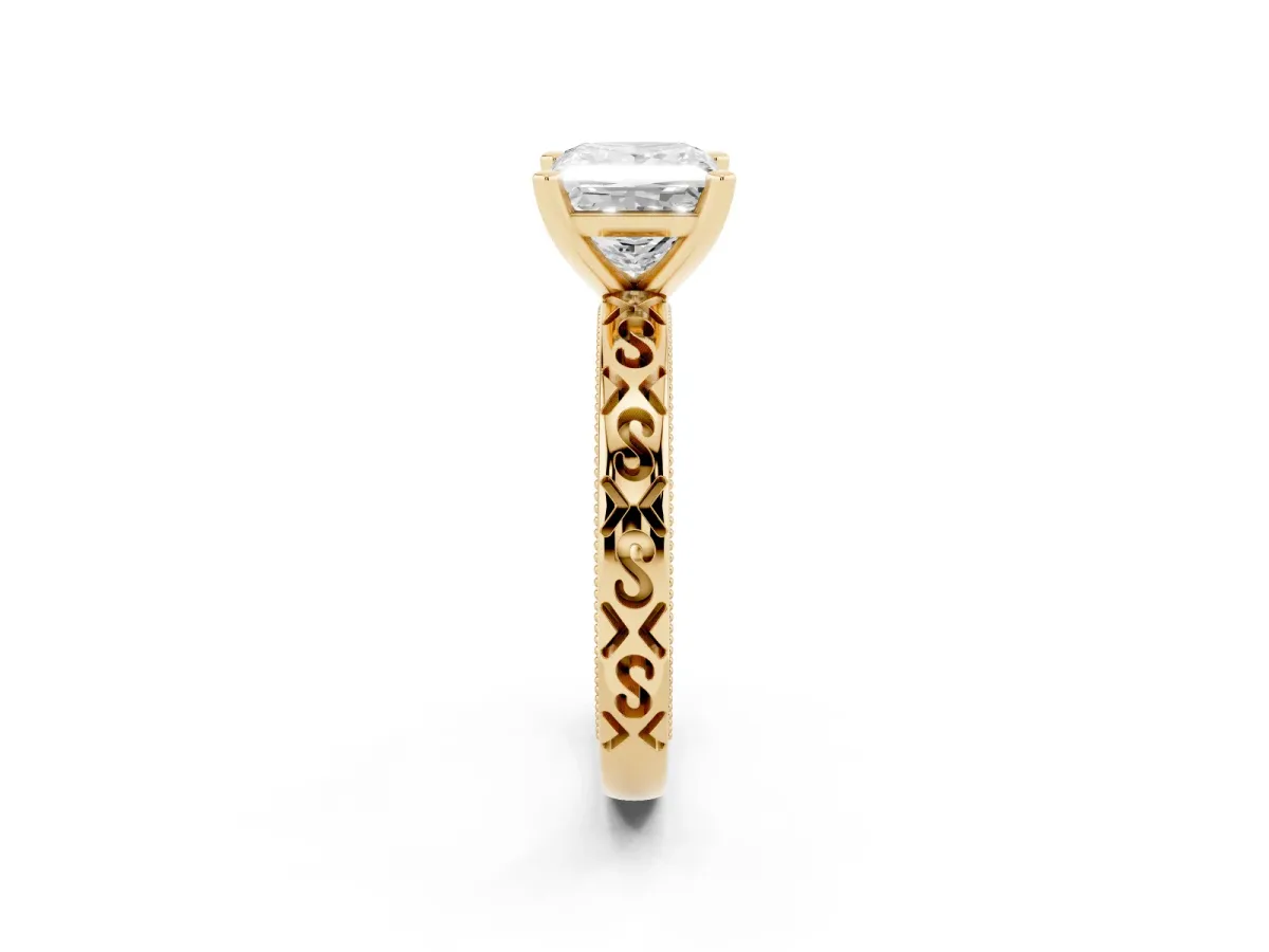 Princess Cut Solitaire Engagement Ring with Scrollwork Band and Four-Prong Setting Yellow gold