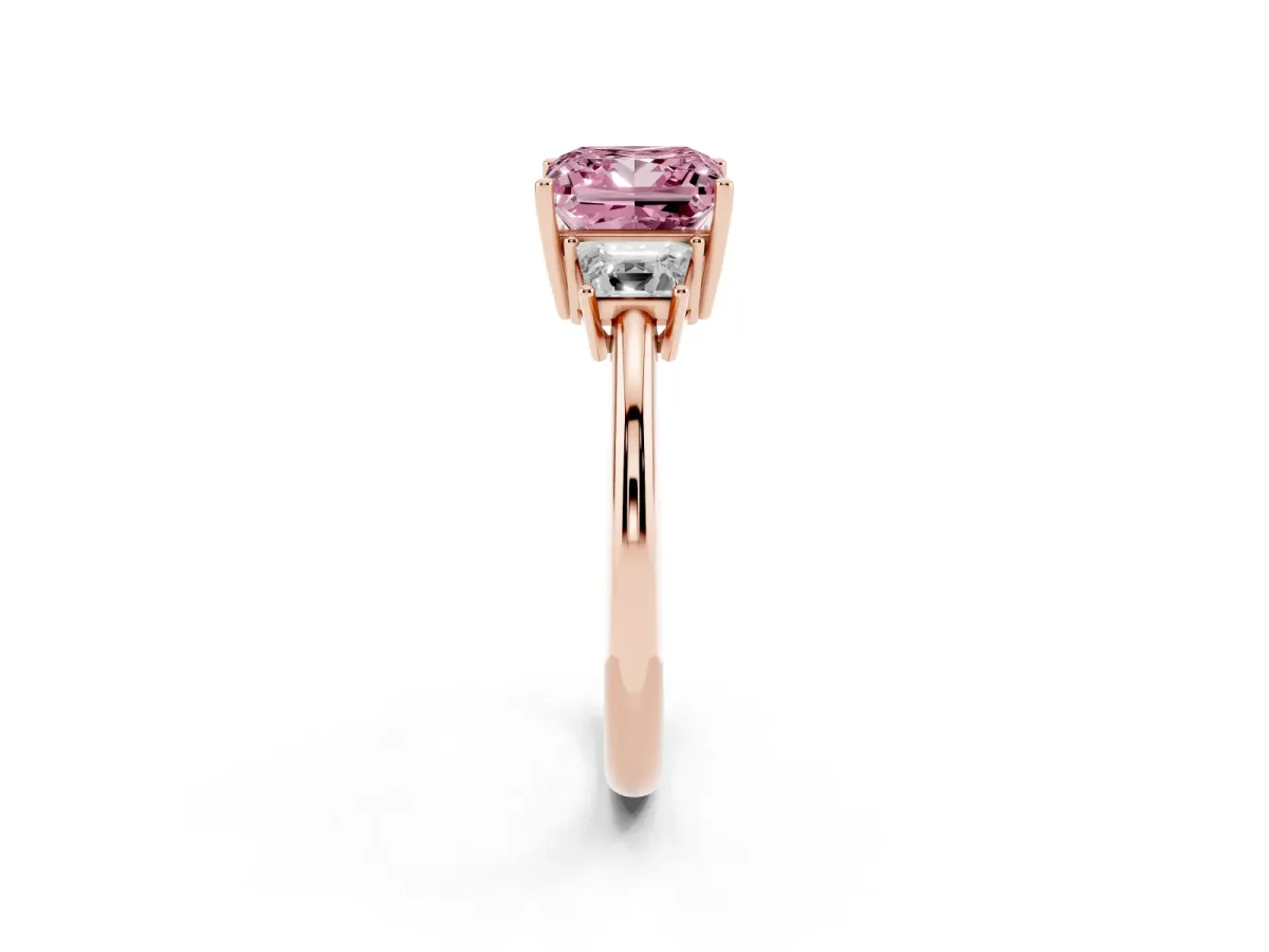 Fancy Pink Princess Cut Diamond Three-Stone Ring with Trapezoid Side Stones and Prong Setting Rose gold