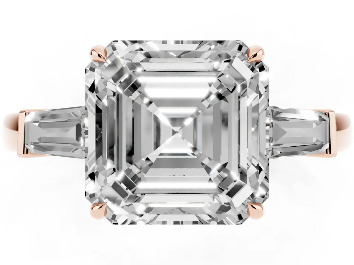 Asscher Cut Diamond Three-Stone Ring with Tapered Baguette Side Stones and Prong Setting Rose gold