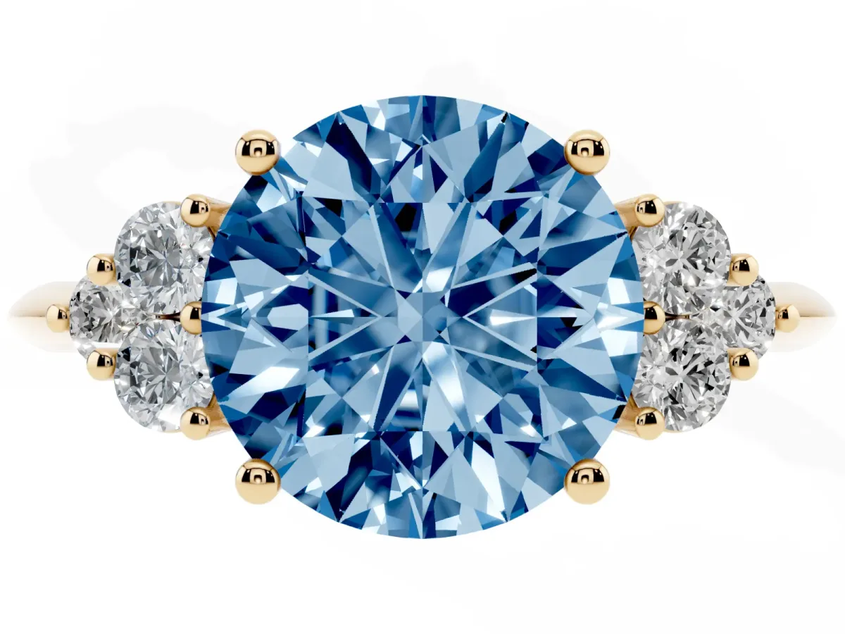 Fancy Blue Round Cut Cut Diamond Cluster Ring with Solitaire Band and Four-Prong Setting Yellow gold