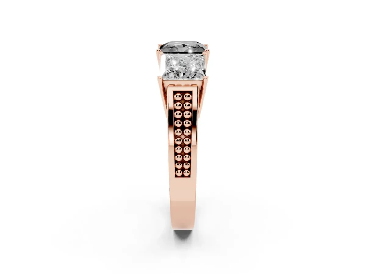 Fancy Black Princess Cut Diamond Three-Stone Ring with Prong Setting and Textured Band Rose gold