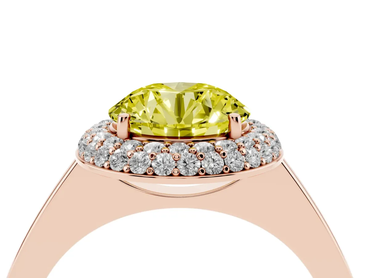 Fancy Yellow Round Cut Halo Diamond Engagement Ring with Solitaire Band and Four-Prong Setting Rose gold