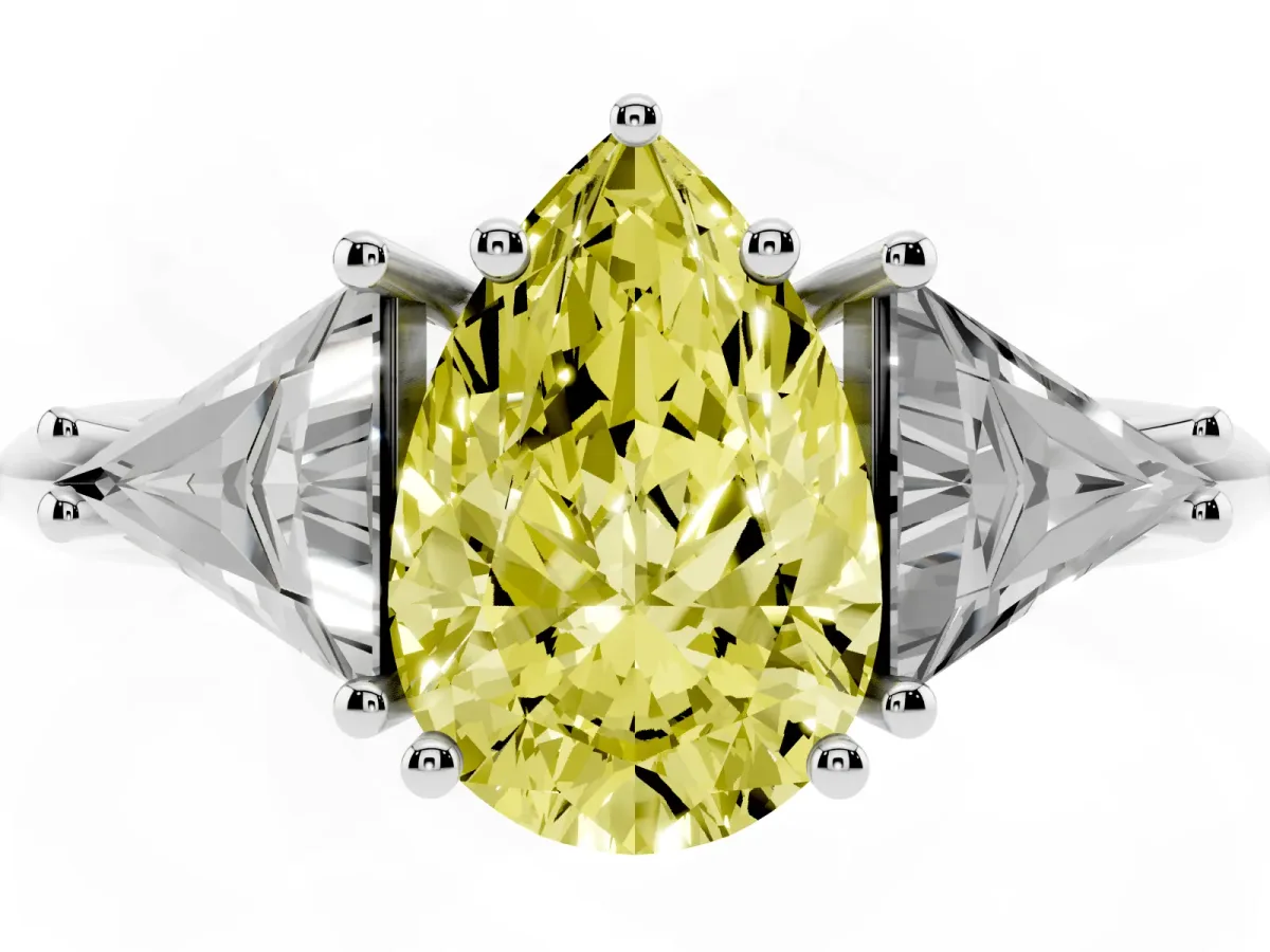 Fancy Yellow Three-Stone Pear Cut Diamond Engagement Ring with Trillion Side Stones and Prong Setting Silver