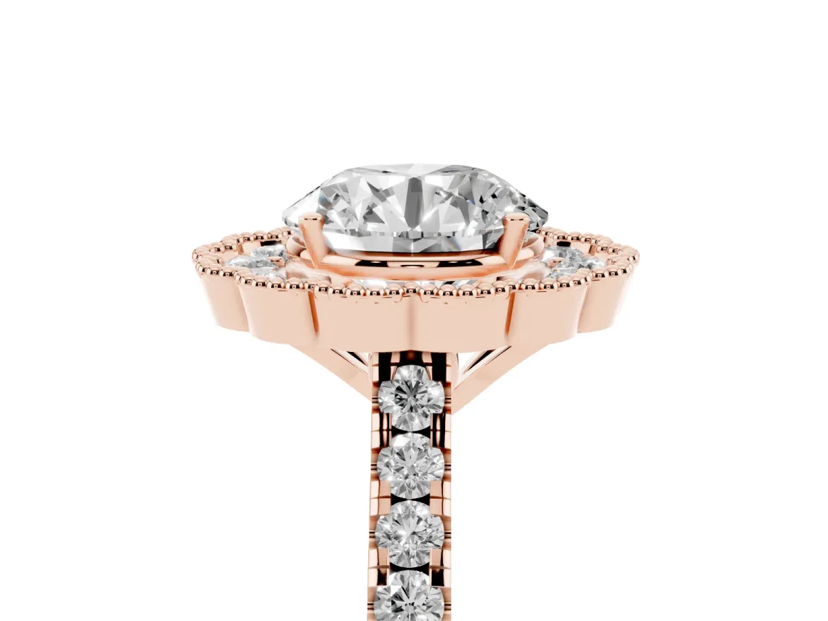 Round Cut Cut Diamond Milgrain Floral Halo Engagement Ring with Pavé Band Rose gold
