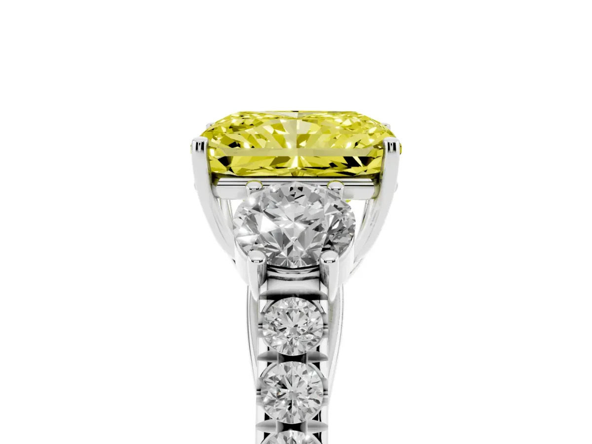 Fancy Yellow Radiant Cut Cut Diamond Three-Stone Ring with Round Side Stones and Pavé Band Silver