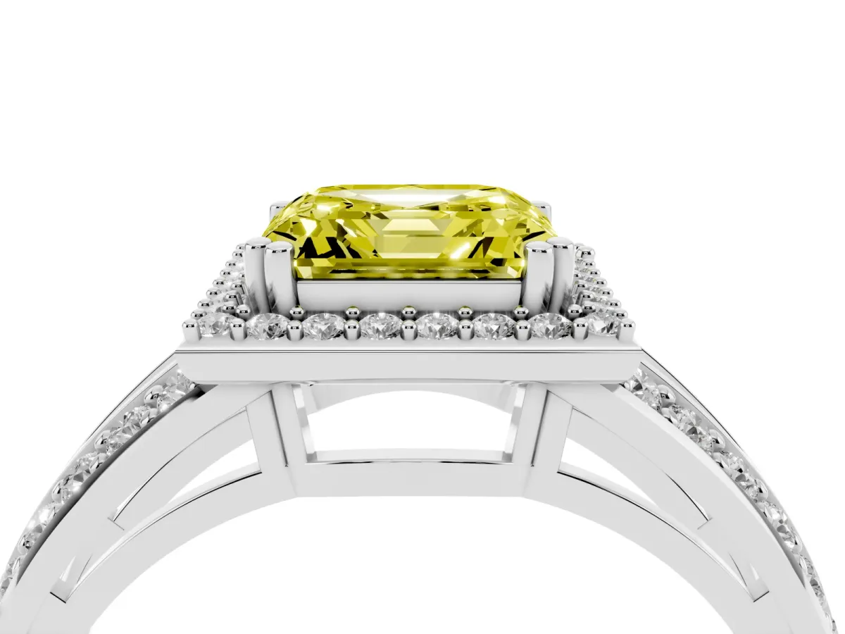 Fancy Yellow Asscher Cut Diamond Halo Ring with Split Shank Pavé Band and Four-Prong Setting Silver