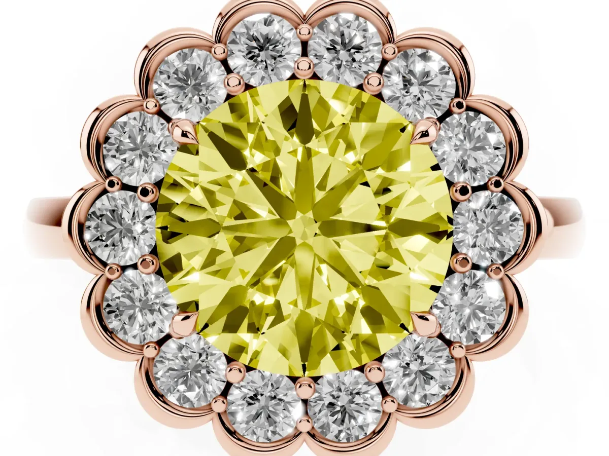 Fancy Yellow Round Cut Halo Cluster Diamond Engagement Ring with Solitaire Band and Prong Setting Rose gold